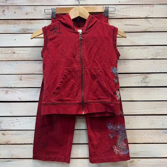 Vintage Ed Hardy Kids Red Dragon Hoodie Vest & Pants Set Y2K Tattoo Graphic S - Picture 1 of 10